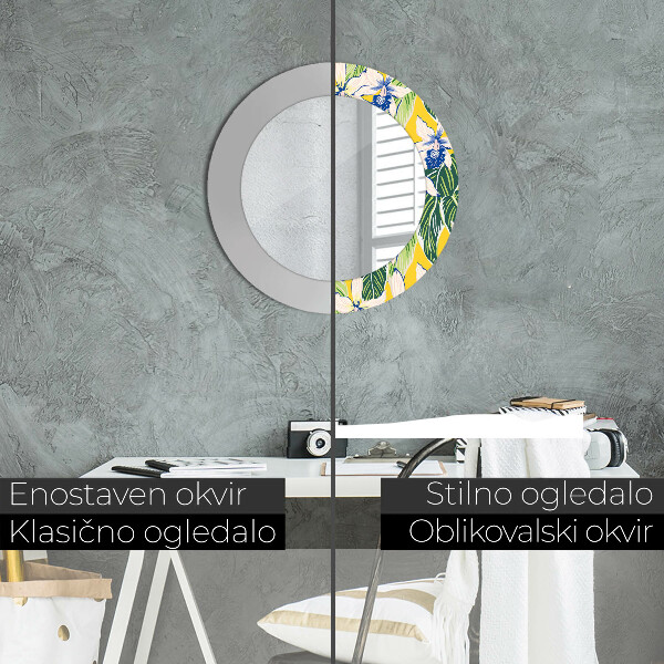 Round mirror frame with print Blue and yellow orchids