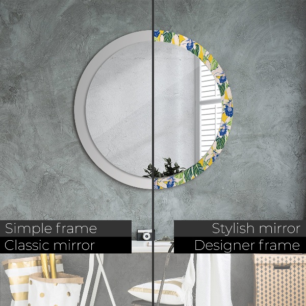 Round mirror frame with print Blue and yellow orchids