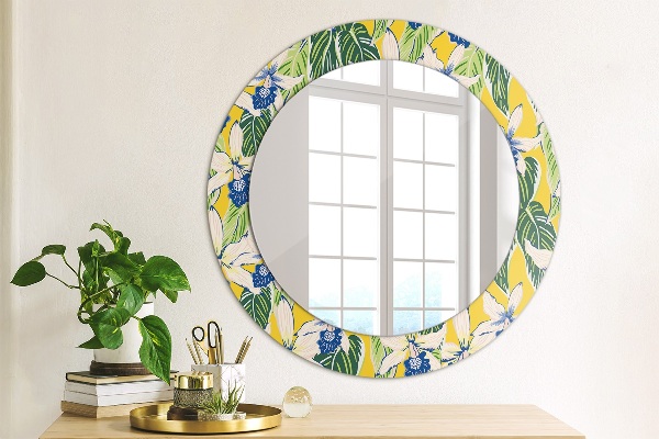 Round mirror frame with print Blue and yellow orchids