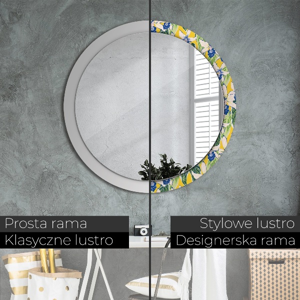 Round mirror frame with print Blue and yellow orchids