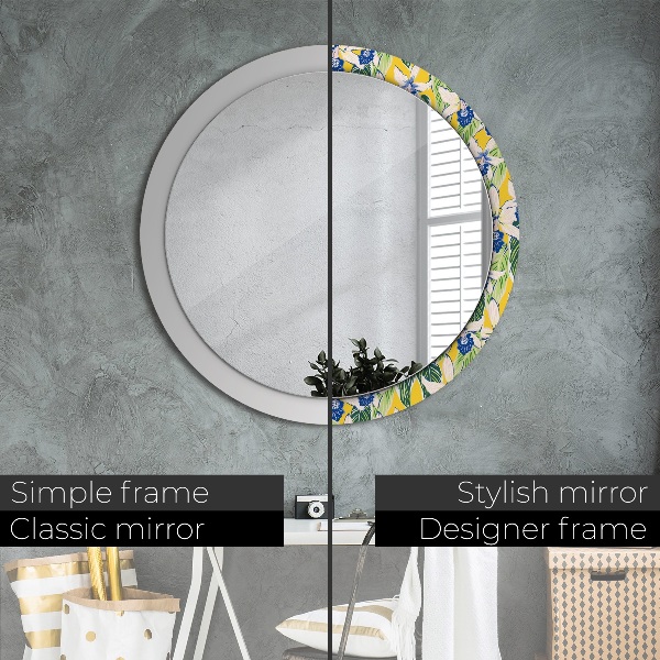 Round mirror frame with print Blue and yellow orchids