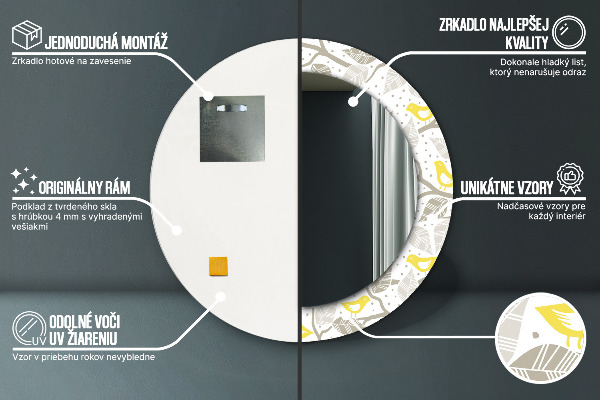 Round wall mirror decor Yellow birds on branches