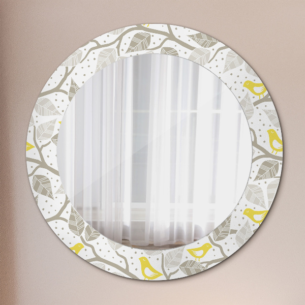 Round wall mirror decor Yellow birds on branches