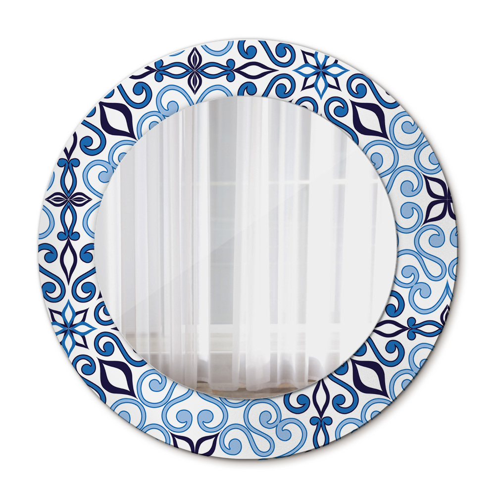 Round mirror frame with print Blue arabic pattern