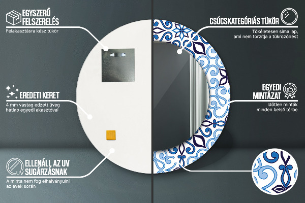 Round mirror frame with print Blue arabic pattern