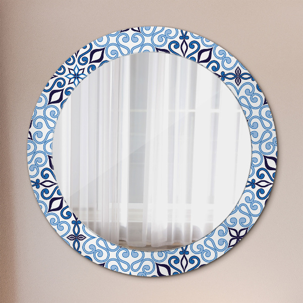 Round mirror frame with print Blue arabic pattern