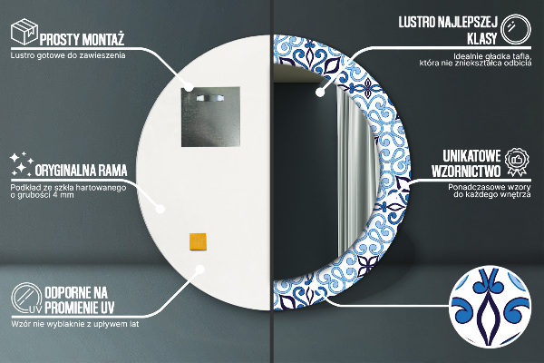 Round mirror frame with print Blue arabic pattern