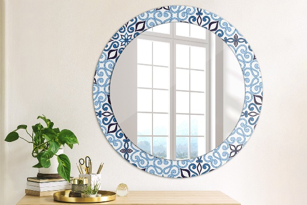 Round mirror frame with print Blue arabic pattern