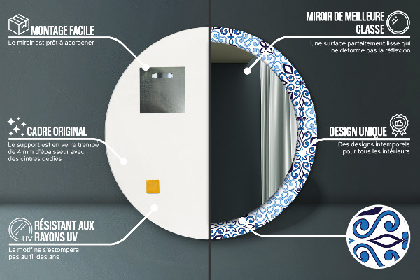 Round mirror frame with print Blue arabic pattern