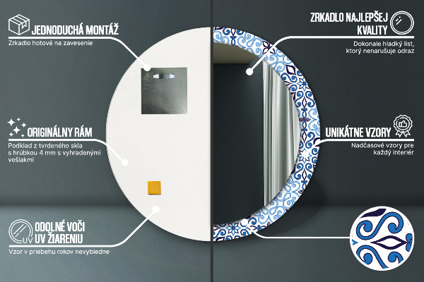 Round mirror frame with print Blue arabic pattern