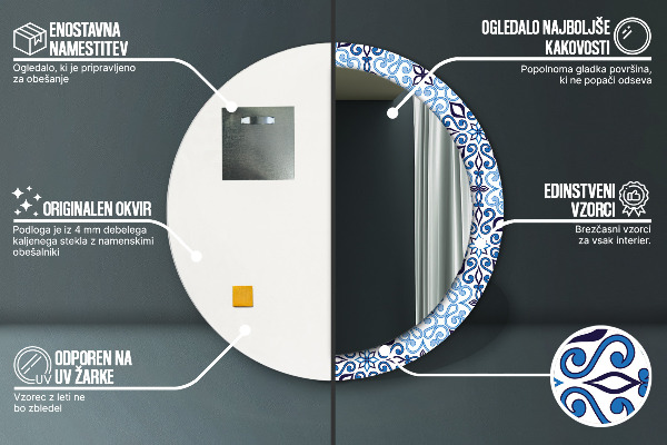 Round mirror frame with print Blue arabic pattern