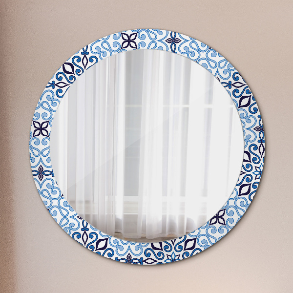 Round mirror frame with print Blue arabic pattern