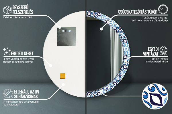 Round mirror frame with print Blue arabic pattern