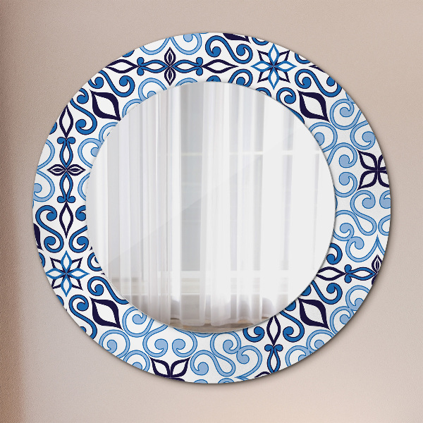 Round mirror frame with print Blue arabic pattern