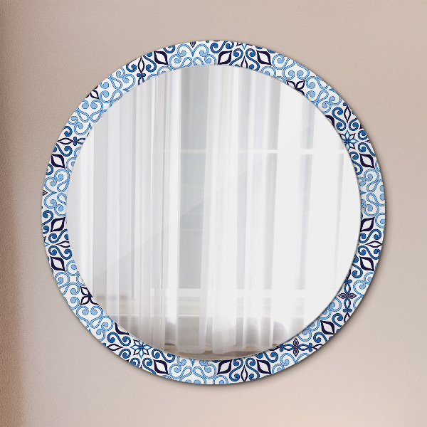 Round mirror frame with print Blue arabic pattern