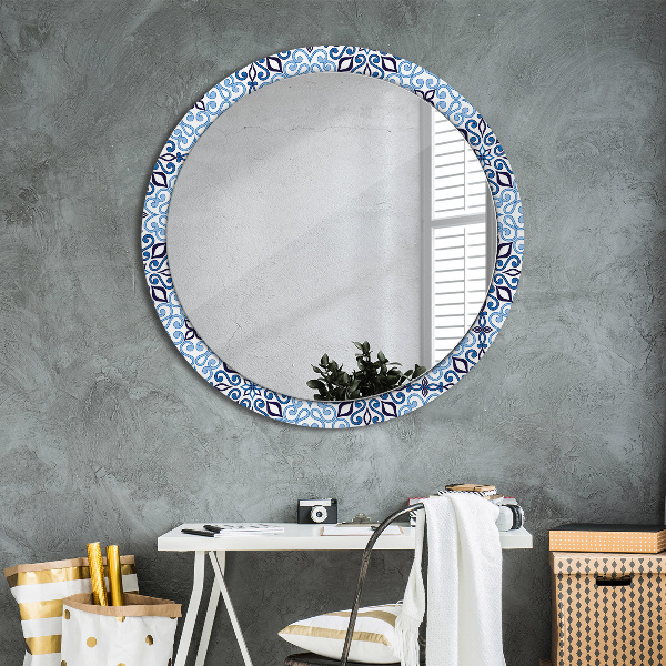 Round mirror frame with print Blue arabic pattern