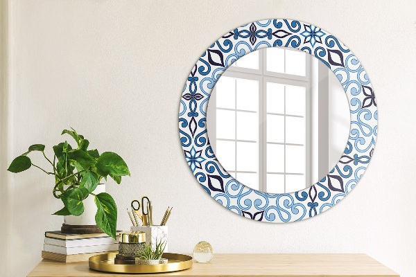 Round mirror frame with print Blue arabic pattern
