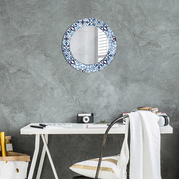 Round mirror frame with print Blue arabic pattern