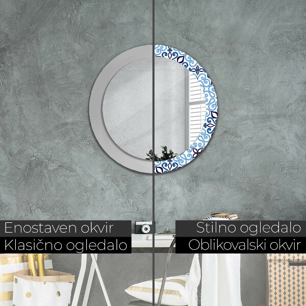 Round mirror frame with print Blue arabic pattern