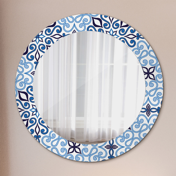 Round mirror frame with print Blue arabic pattern