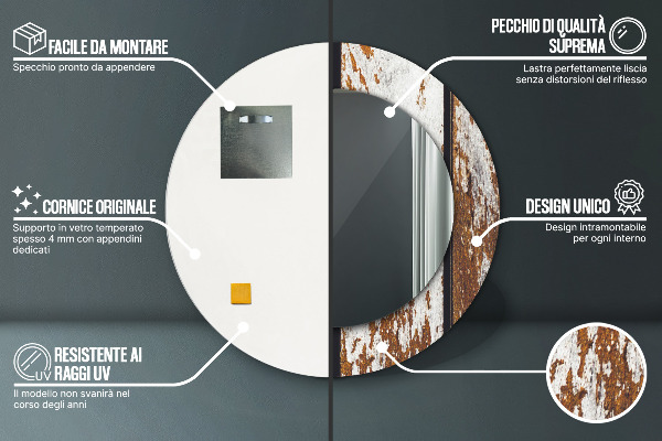 Round printed mirror Vintage dark wood