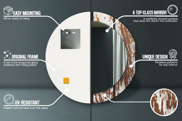 Round printed mirror Vintage dark wood