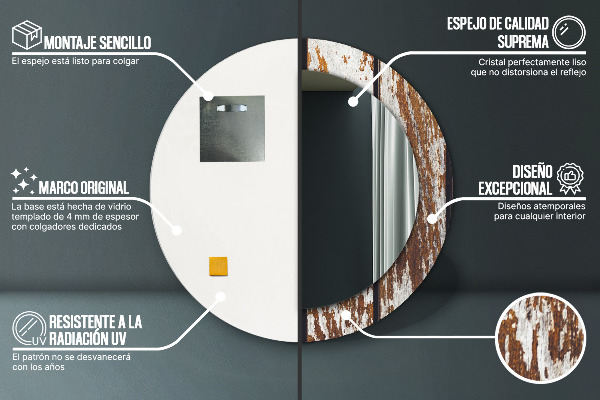 Round printed mirror Vintage dark wood