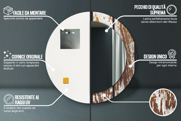 Round printed mirror Vintage dark wood