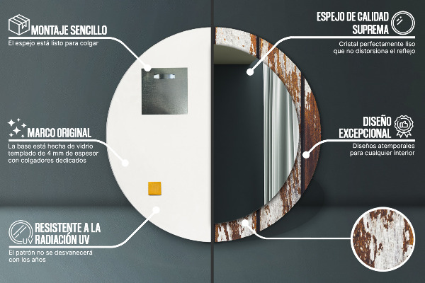 Round printed mirror Vintage dark wood