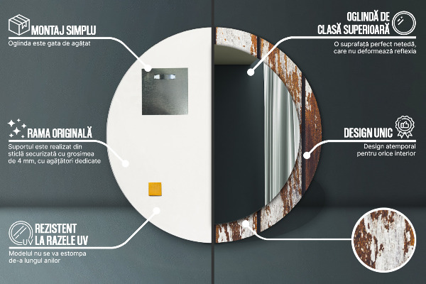 Round printed mirror Vintage dark wood