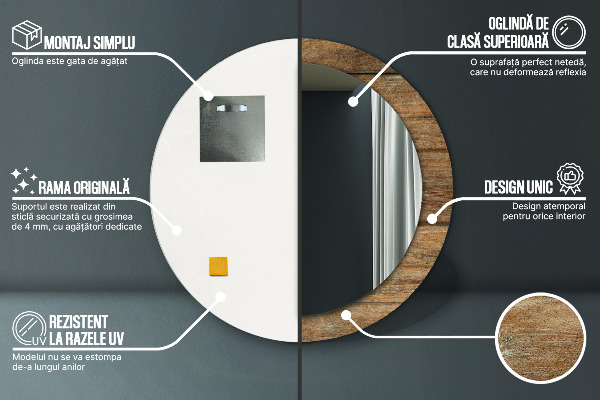 Round printed mirror Old wood