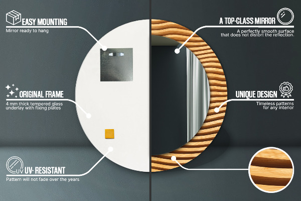 Round mirror frame with print Wooden wave