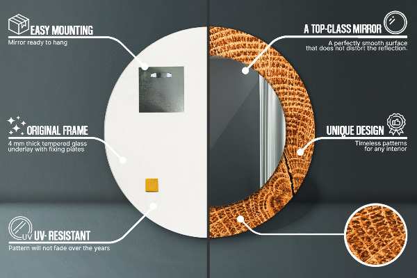 Round mirror frame with print Oak wood