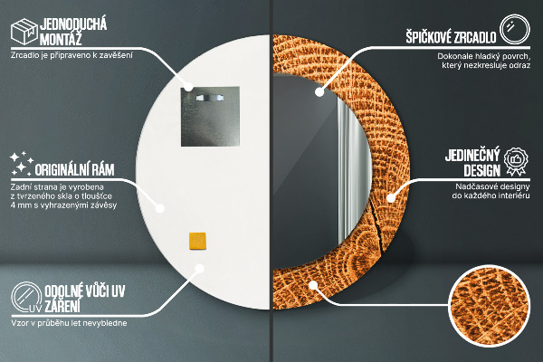 Round mirror frame with print Oak wood