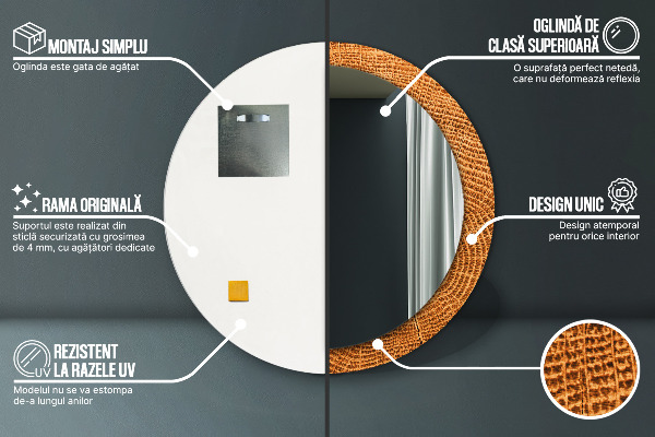 Round mirror frame with print Oak wood