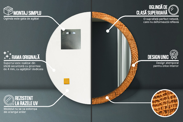 Round mirror frame with print Oak wood