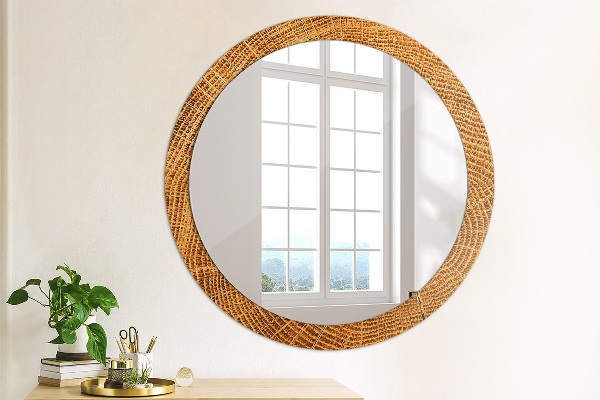 Round mirror frame with print Oak wood