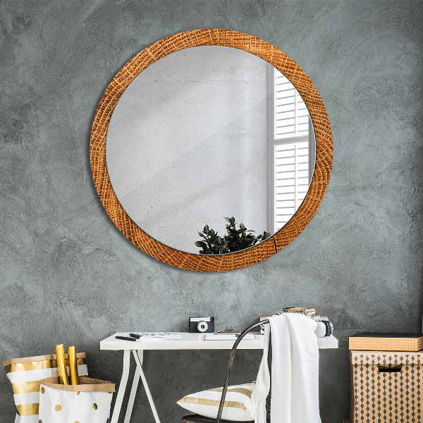 Round mirror frame with print Oak wood