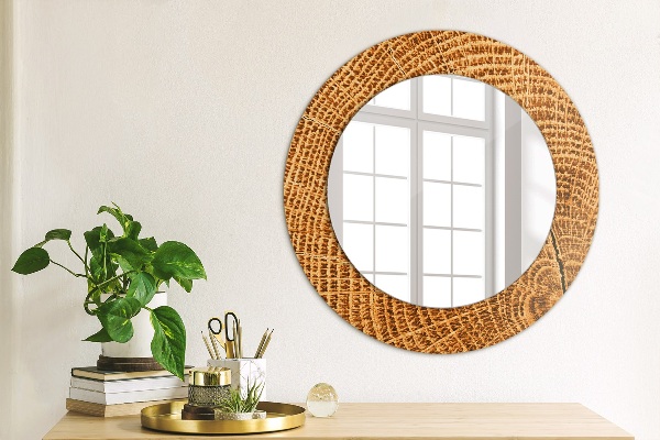 Round mirror frame with print Oak wood