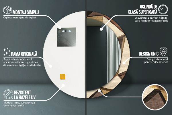 Round printed mirror Geometric 3d wood