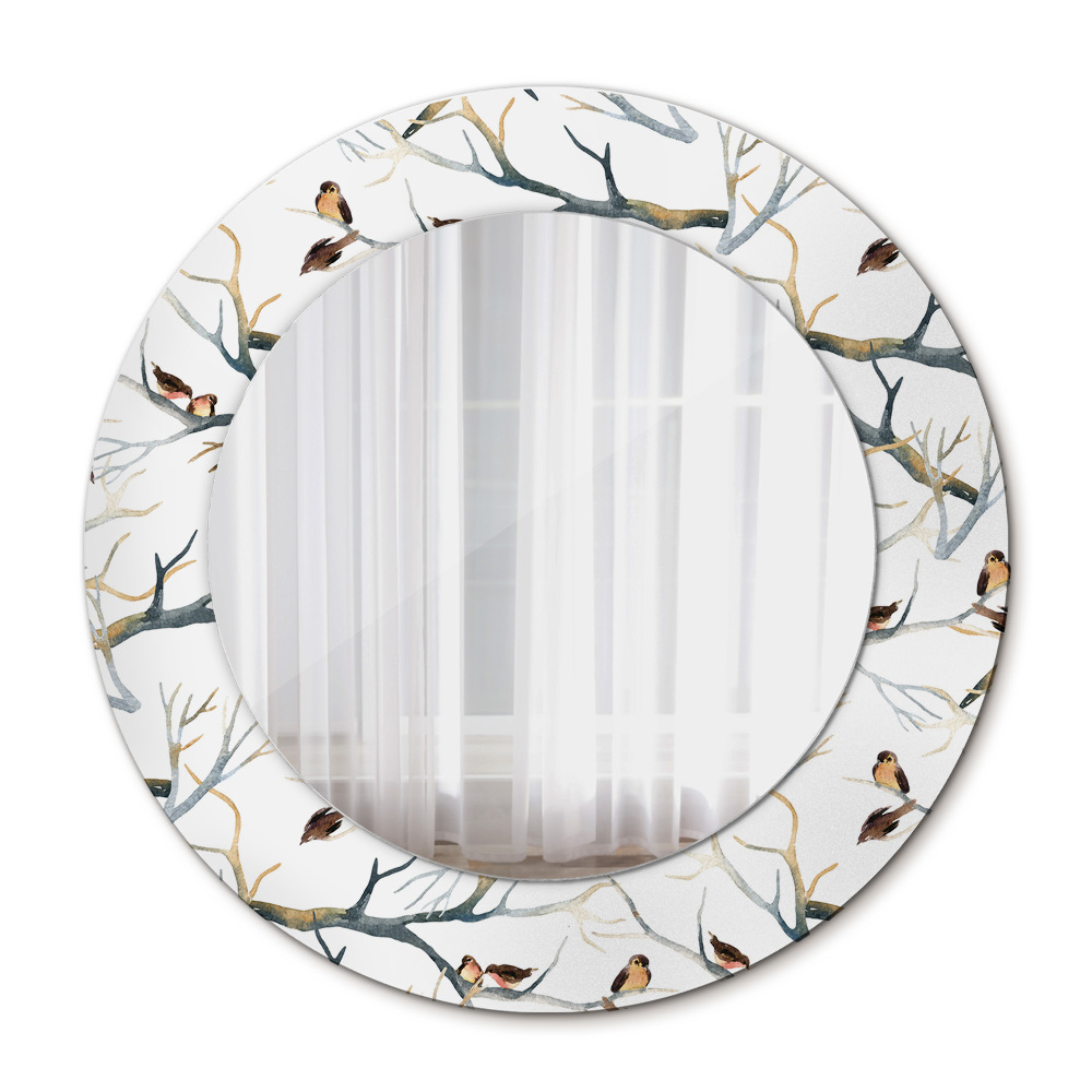 Round mirror frame with print Sparrows birds branches