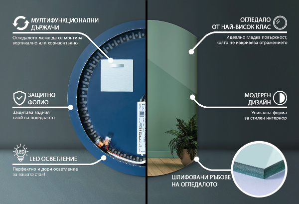 Half circle mirror with led lights 70x80 cm