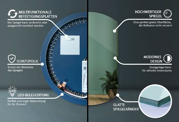 Semicircle mirror with led lights 74x90 cm