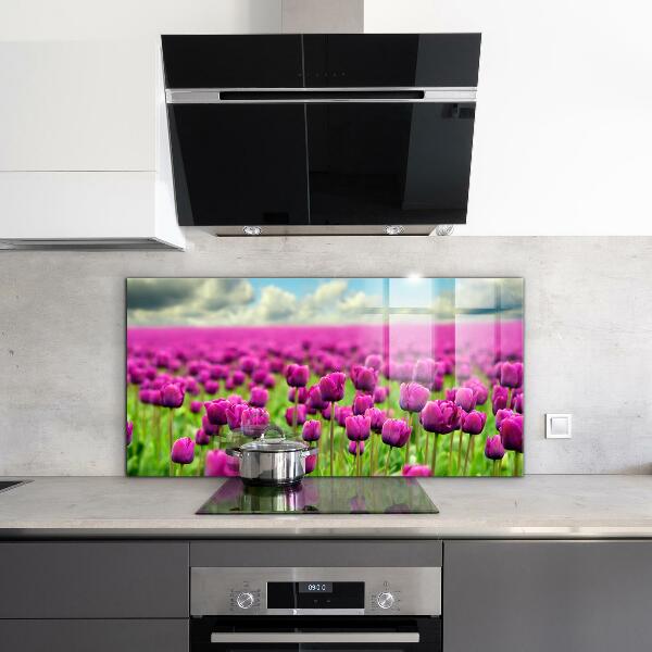 Kitchen glass panel Field of pink tulips meadow