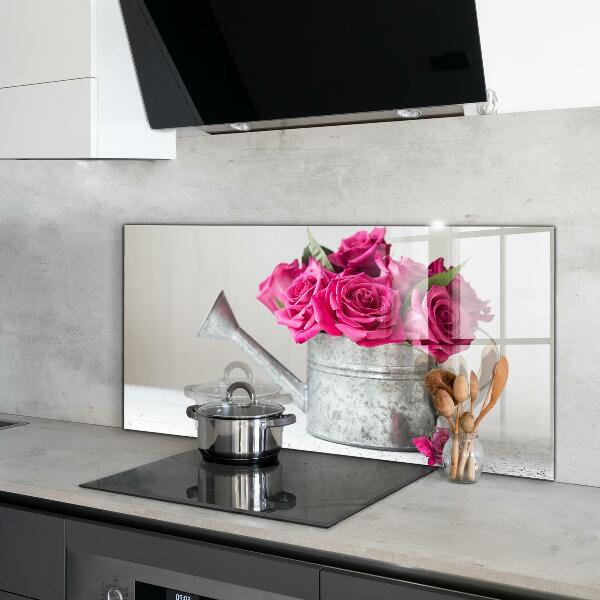 Kitchen wall panels Watering can with a bouquet of roses