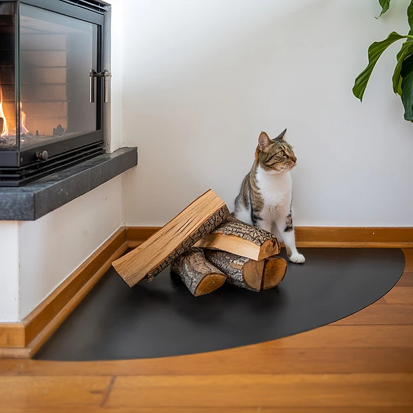 Quarter-circle black steel fireplace hearth pad 39x39 in