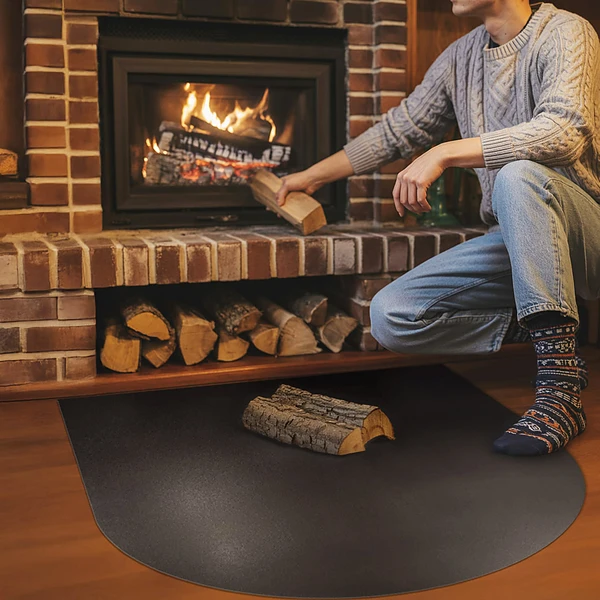 Semi-circular black steel fireplace hearth pad 39x39 in