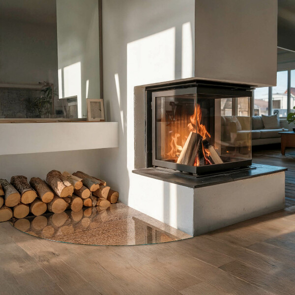 Quarter-circle glass hearth plate Natural wood pattern