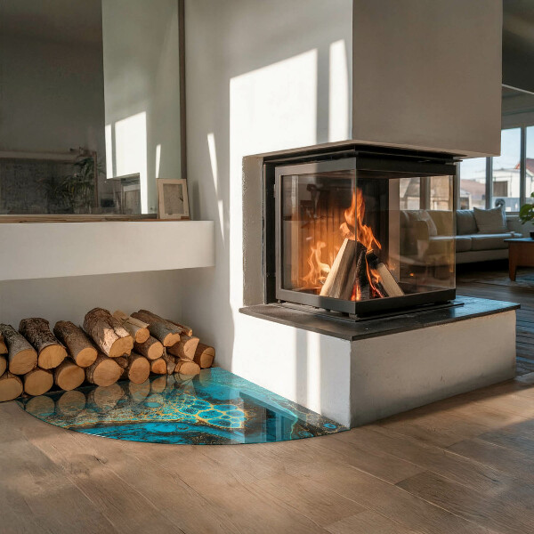 Quarter-circle tempered glass hearth Abstract organic pattern