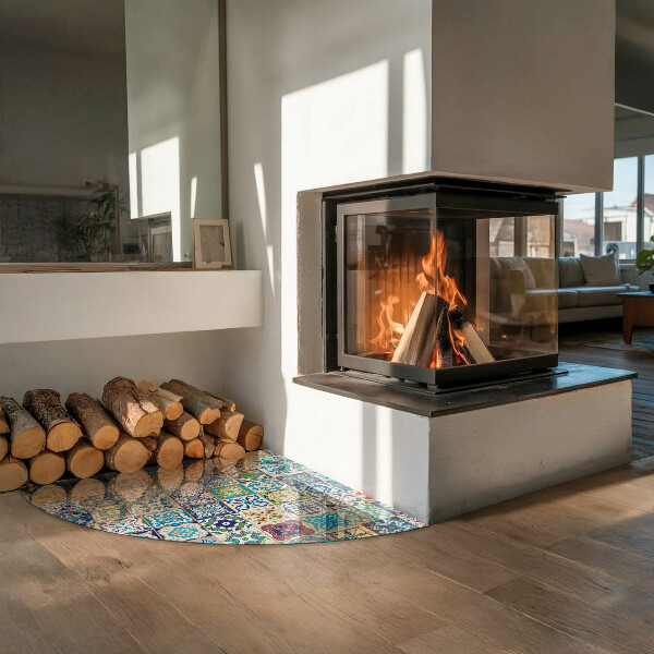 Quarter-circle tempered glass hearth Mosaic patterns on tiles